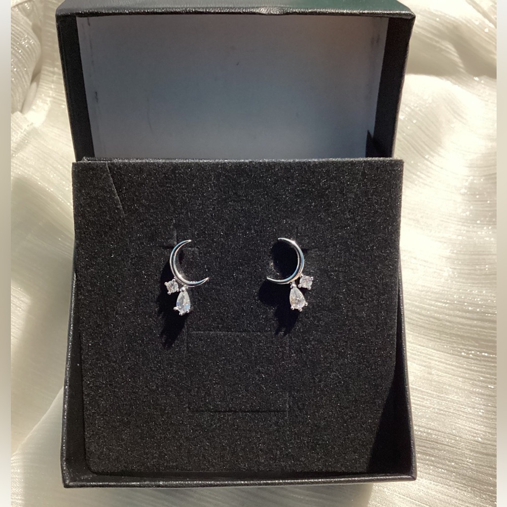 Tiny Silver Crescent Moon Post Back Dangle Earrin… - image 7